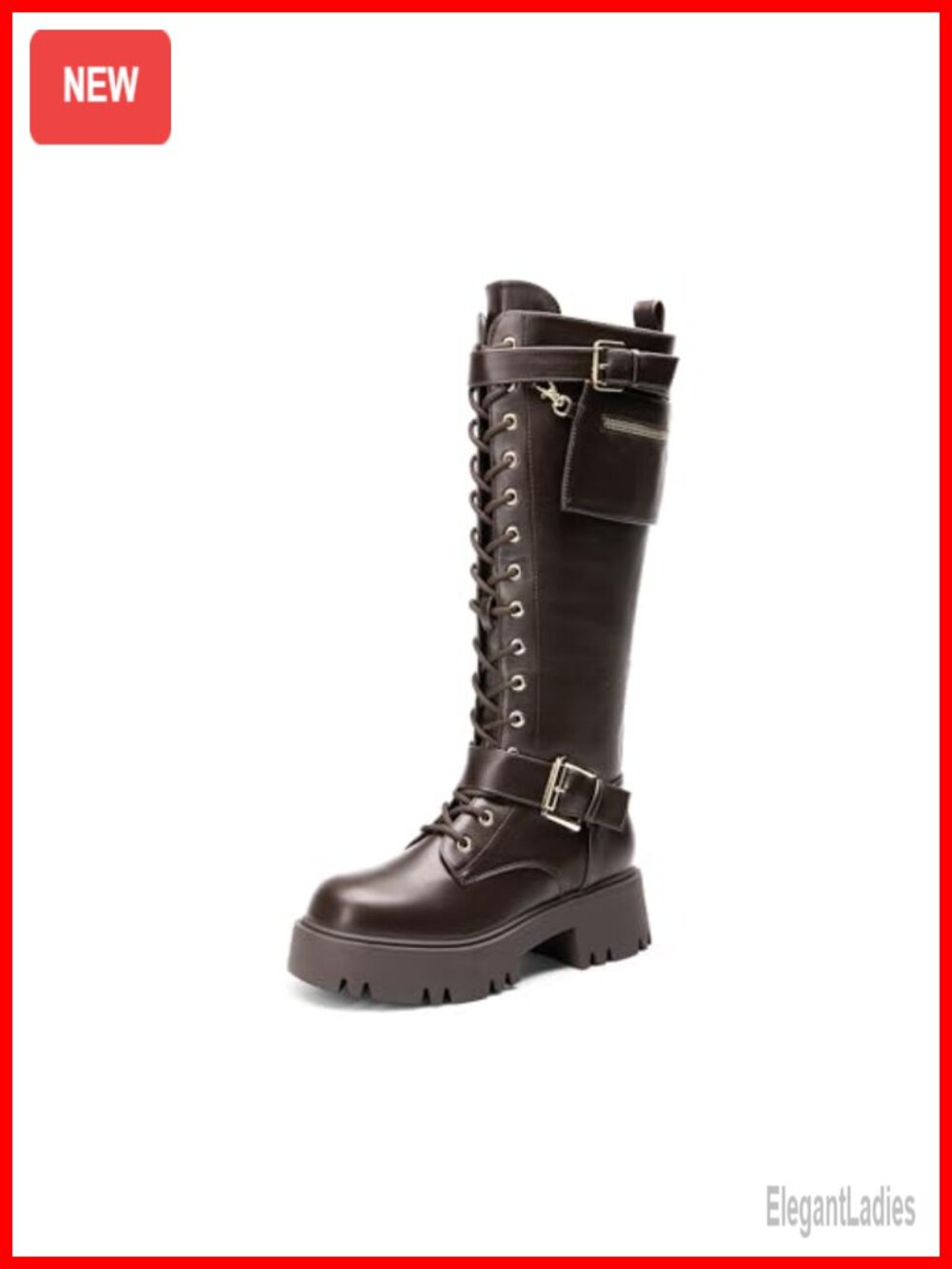 Knee High Combat Boots Platform Heels Faux Leather Lace Up